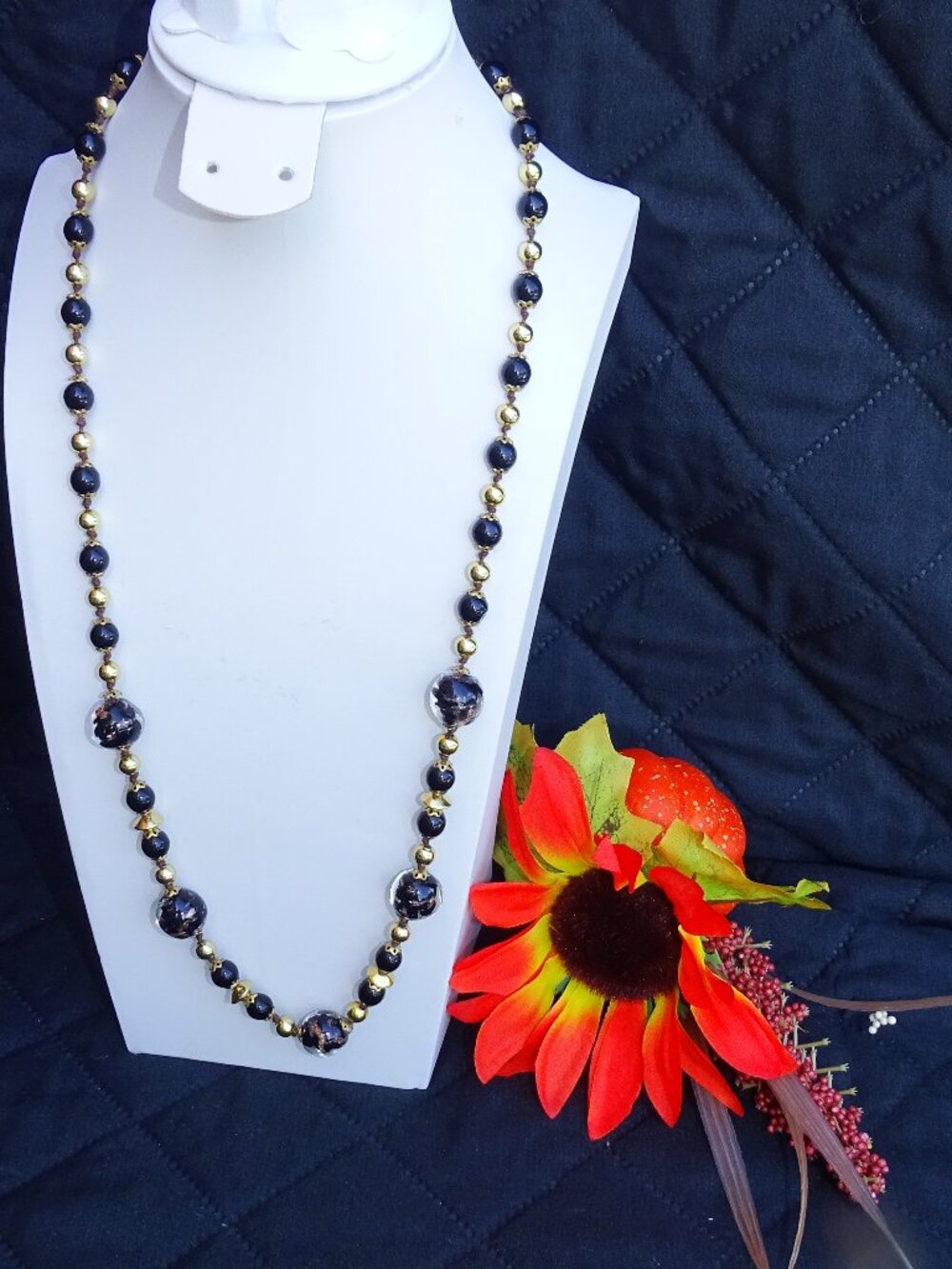 Black Murano and Gold Bead Necklace 24"